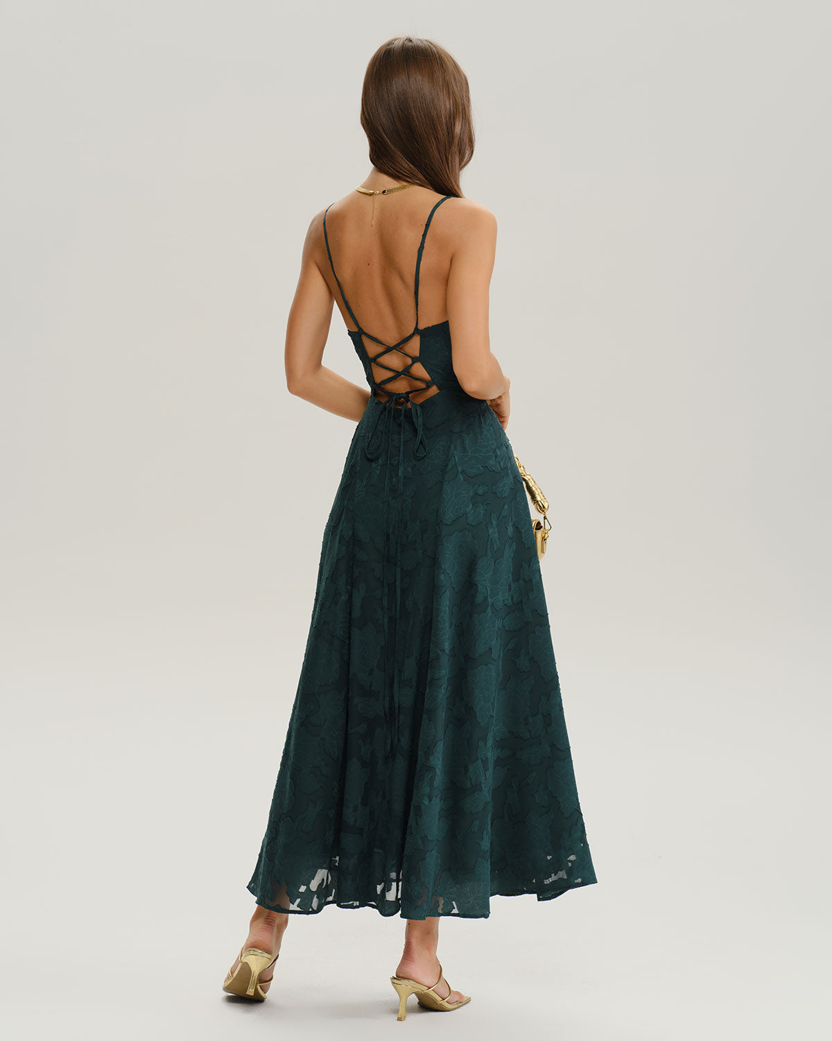 Vestido maxi lencero de jacquard en verde esmeralda con silueta en A