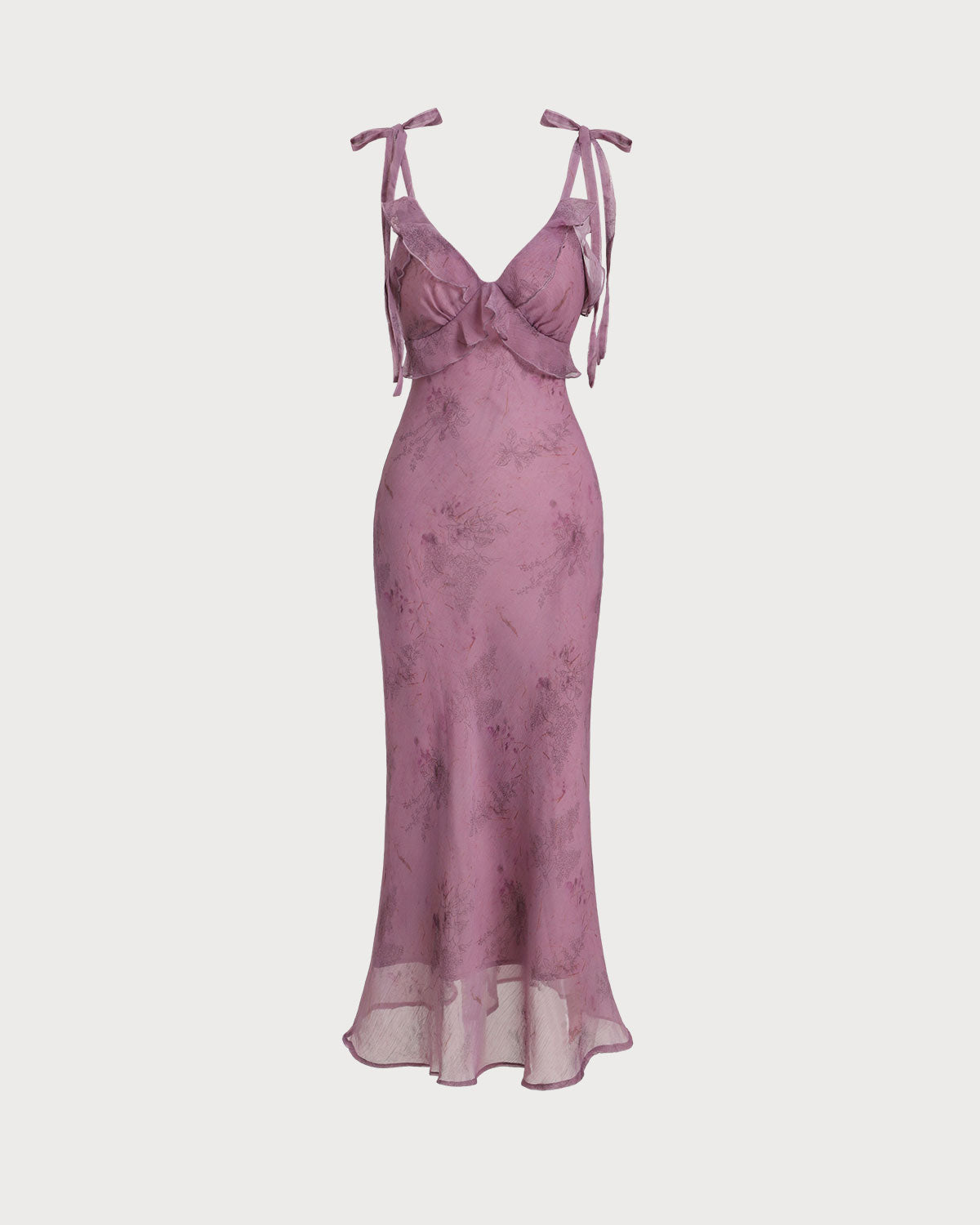 Vestido midi chic con tirantes de lazo y volantes, estampado floral morado