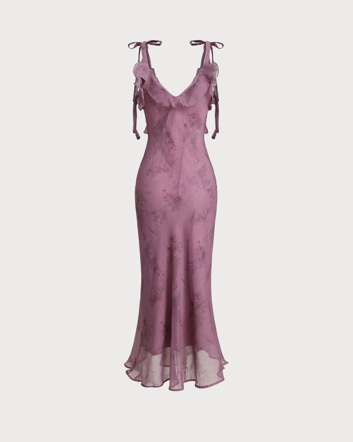Vestido midi chic con tirantes de lazo y volantes, estampado floral morado