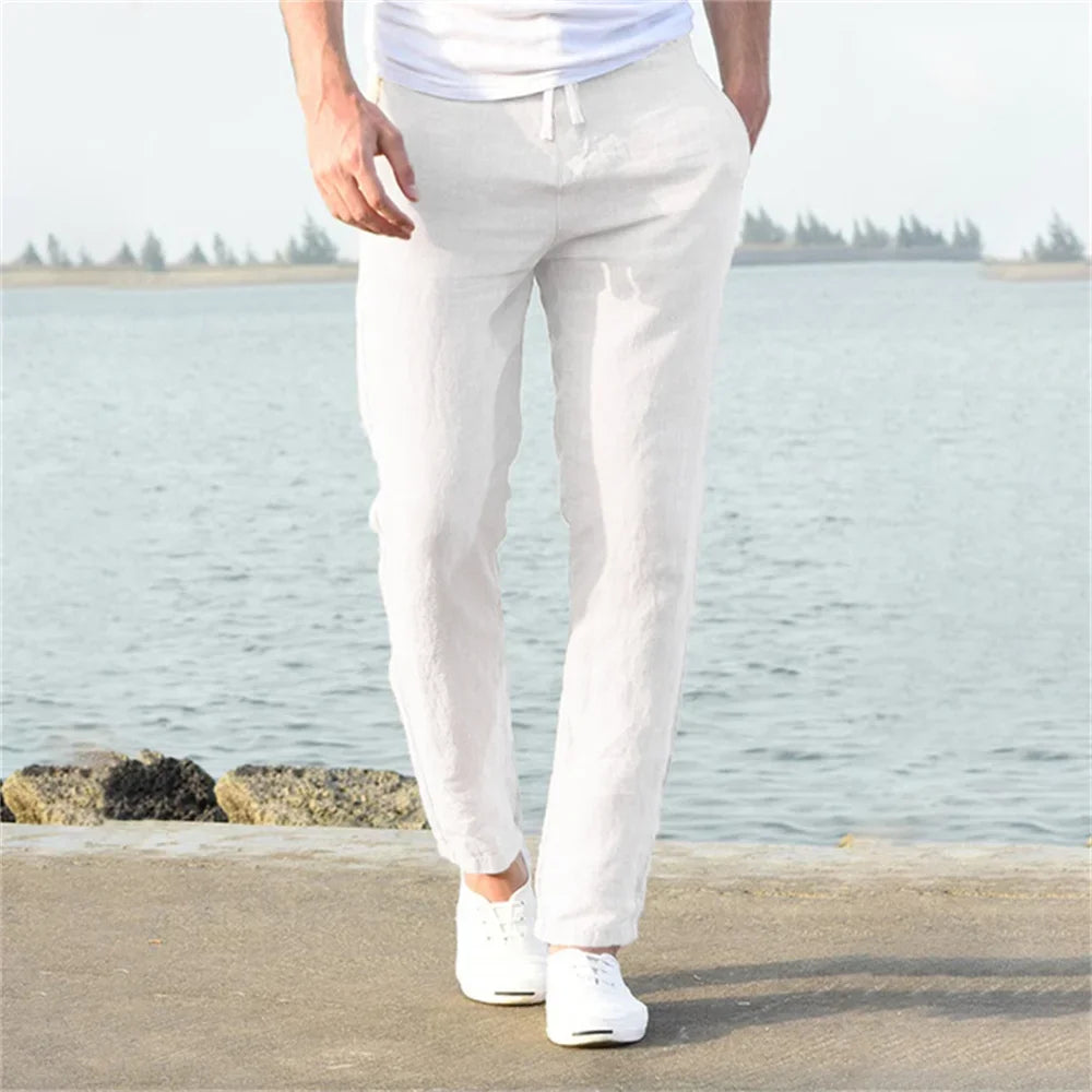 Pantalones casuales para hombres de algodón-lino