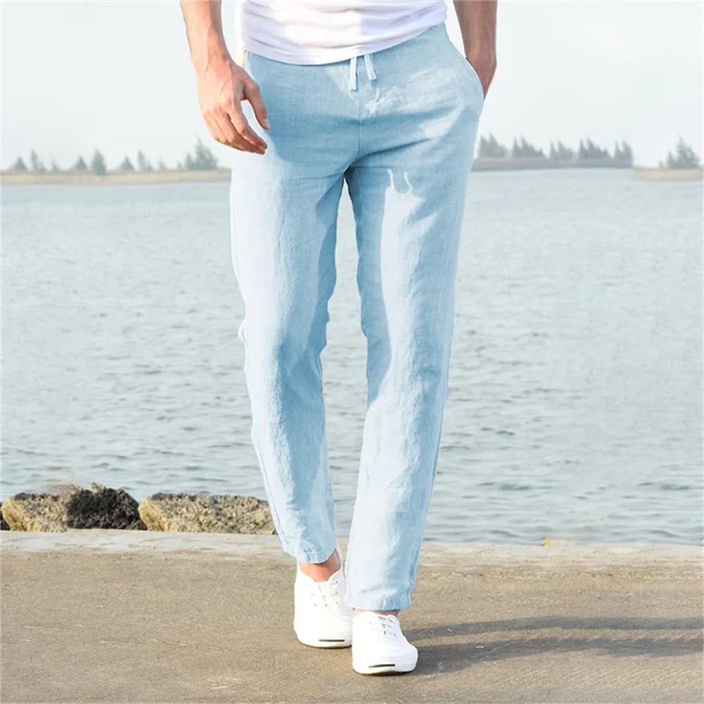 Pantalones casuales para hombres de algodón-lino