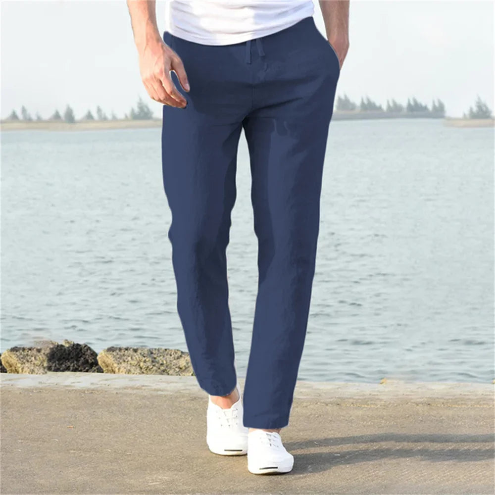 Pantalones casuales para hombres de algodón-lino