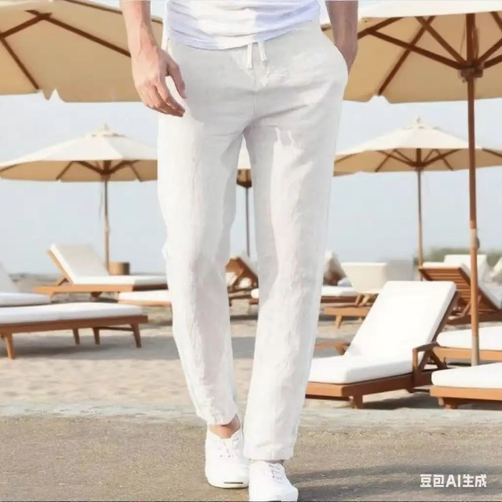 Pantalones casuales para hombres de algodón-lino