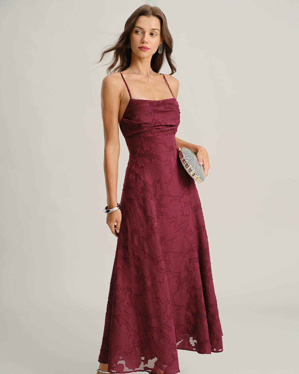 Vestido maxi de jacquard rojo vino de lujo