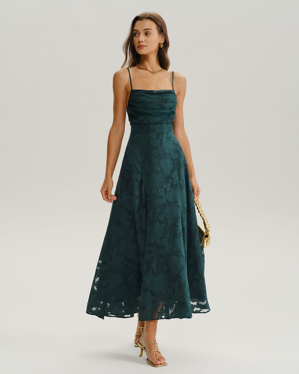 Vestido maxi lencero de jacquard en verde esmeralda con silueta en A