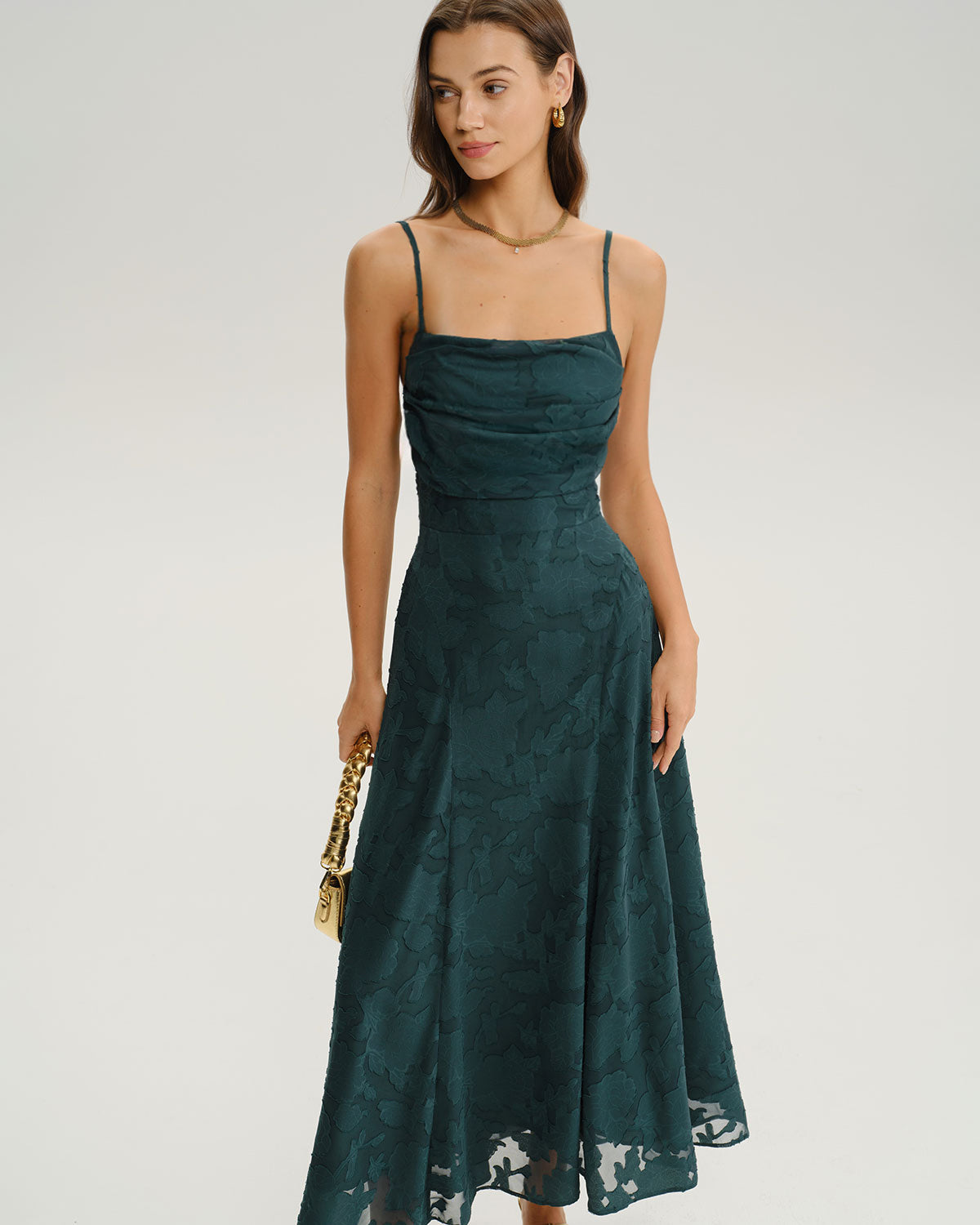 Vestido maxi lencero de jacquard en verde esmeralda con silueta en A
