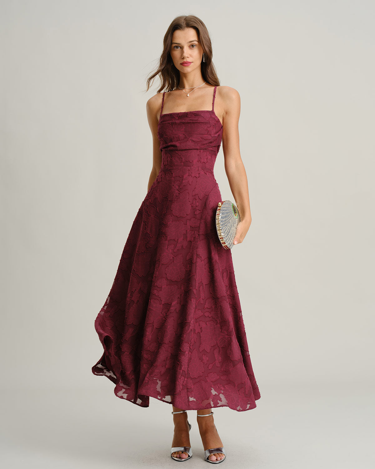 Vestido maxi de jacquard rojo vino de lujo
