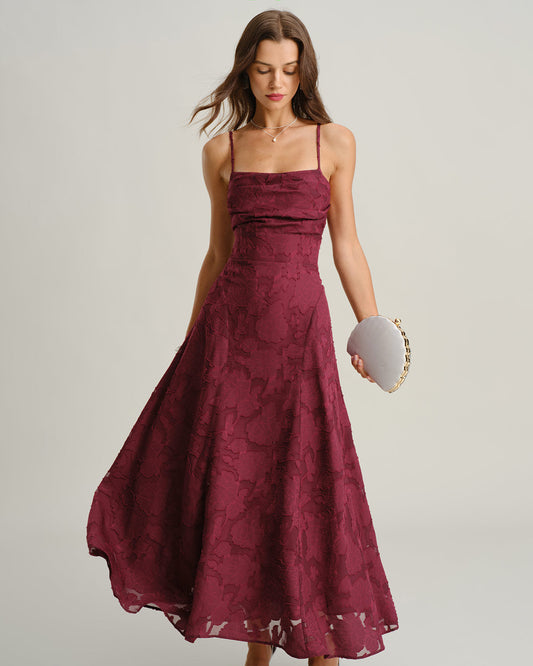 Vestido maxi de jacquard rojo vino de lujo