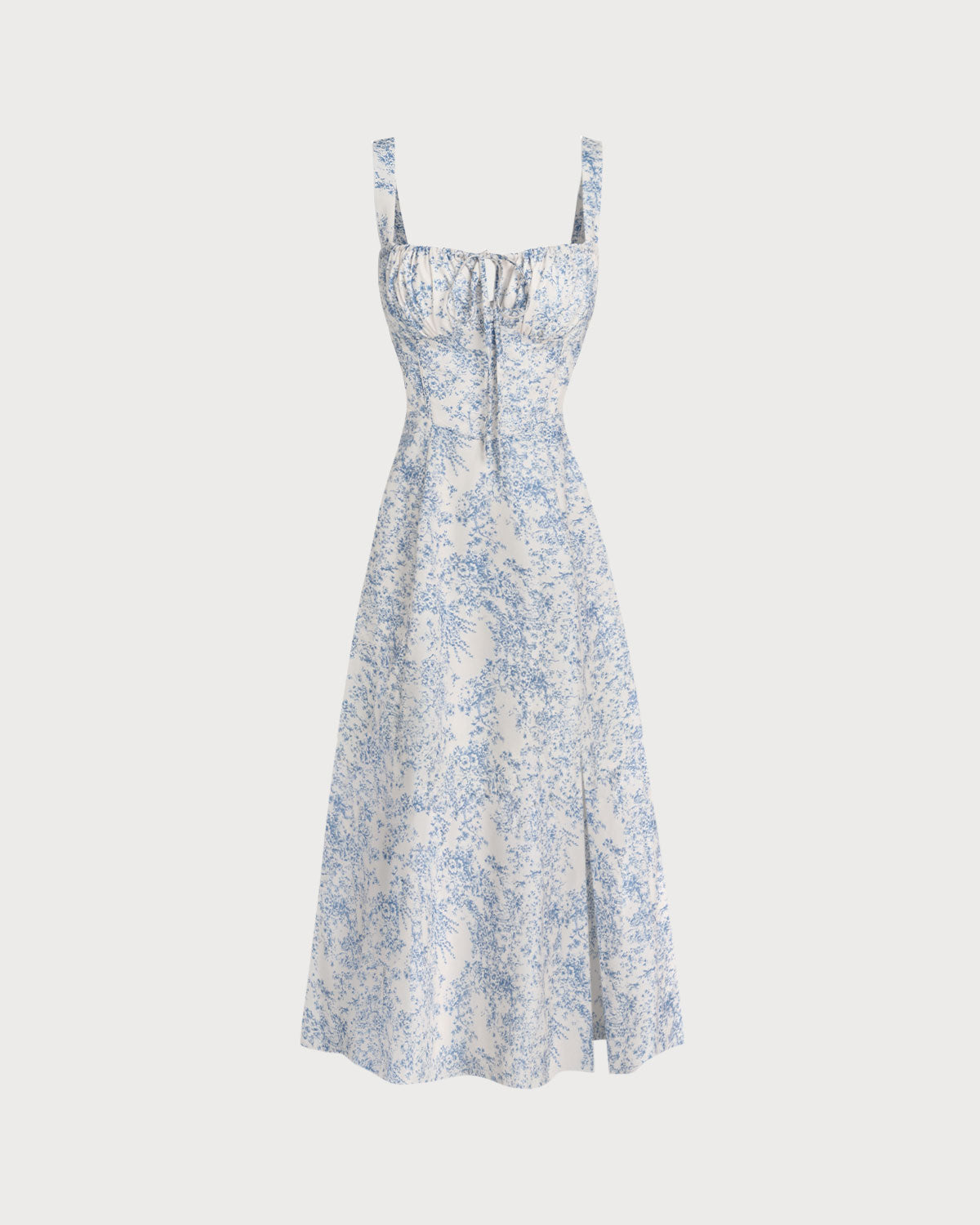 Vestido lencero midi azul con estampado floral y frunces