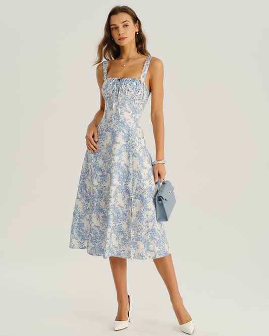 Vestido lencero midi azul con estampado floral y frunces