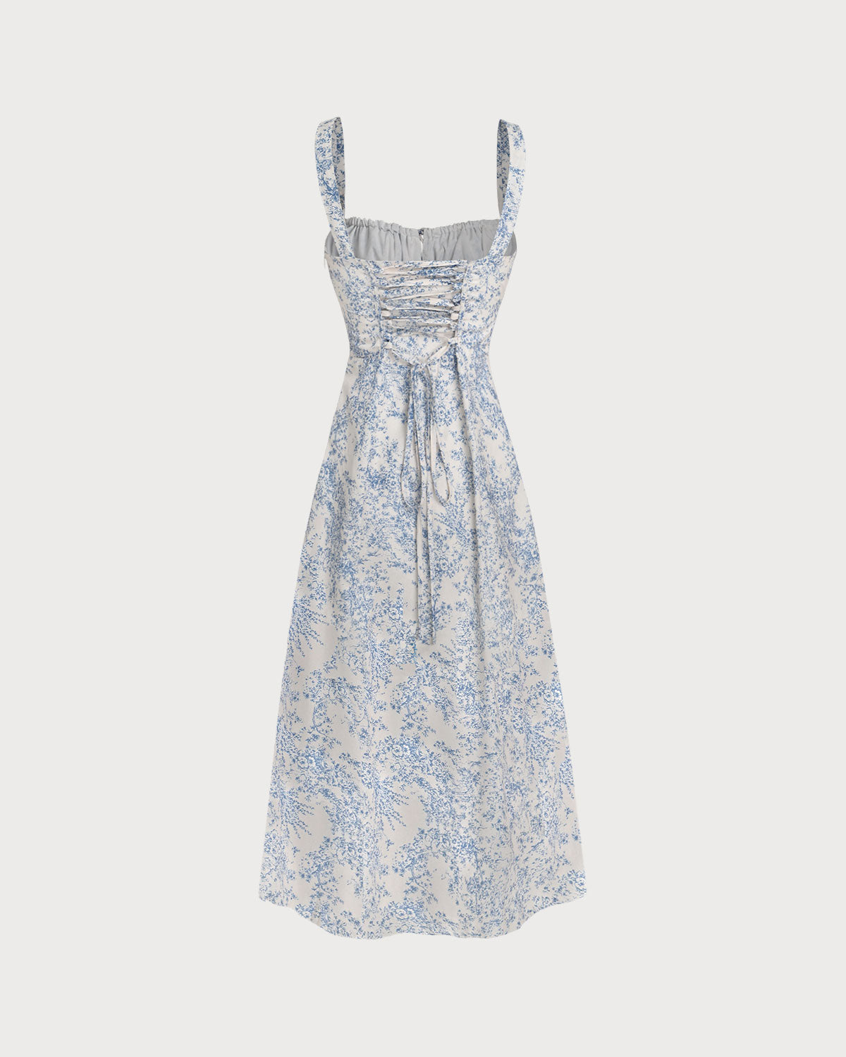 Vestido lencero midi azul con estampado floral y frunces